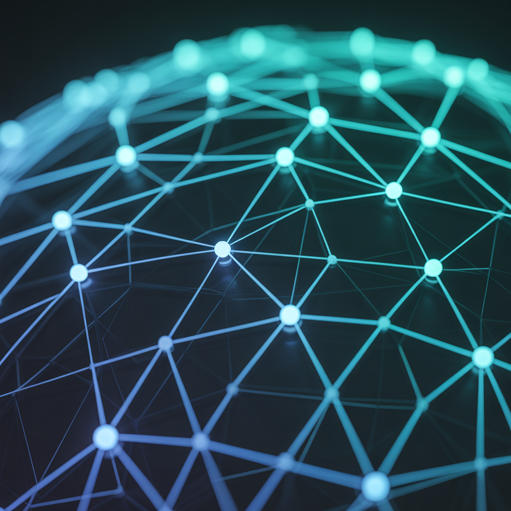 A glowing network topology map with interconnected nodes, neon blue and teal lines on dark background, futuristic server diagnostics concept, high quality 3d render